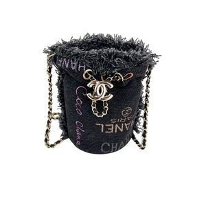 Chanel Denim Quilted Mood Mini Bucket With Chain Black